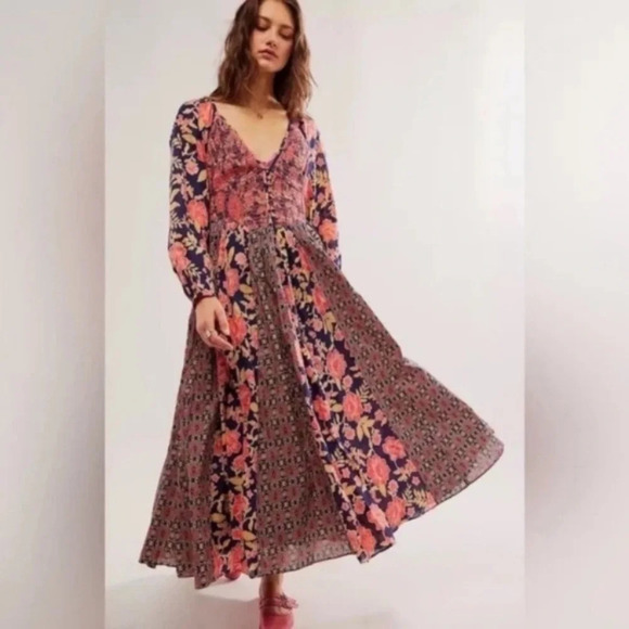 New! Free People a new way Smocked Open Back Maxi Dress Floral nwot 27162 - Picture 2 of 8